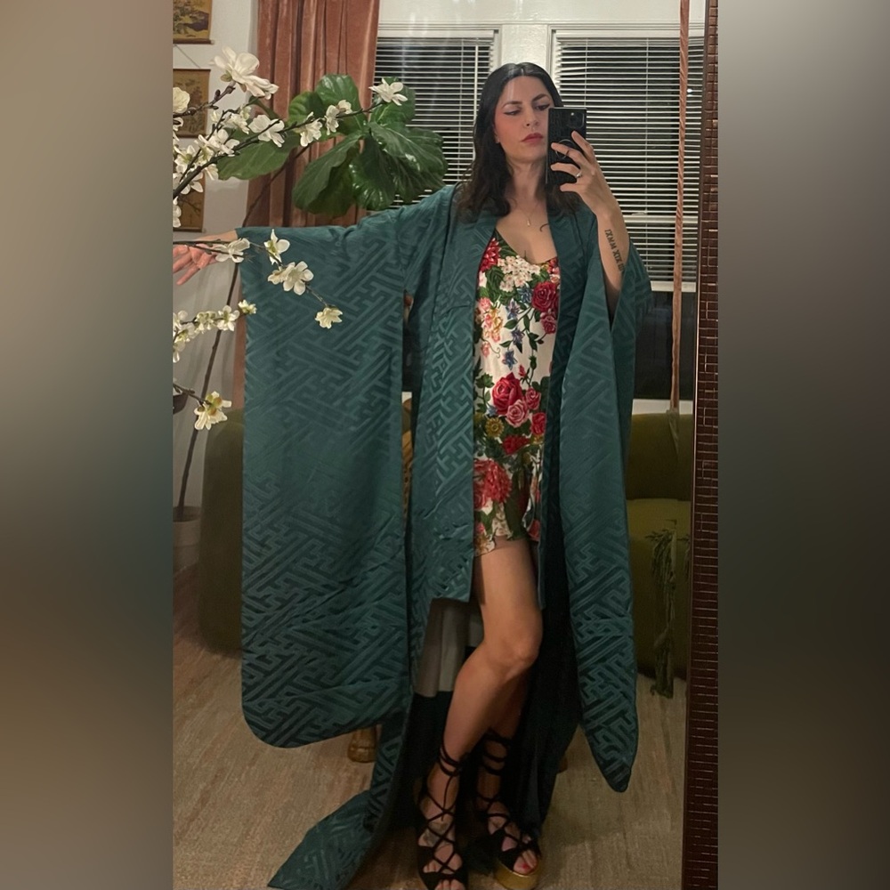 Real silk vintage Japanese kimono Rinzu geometric weave furisode dark teal